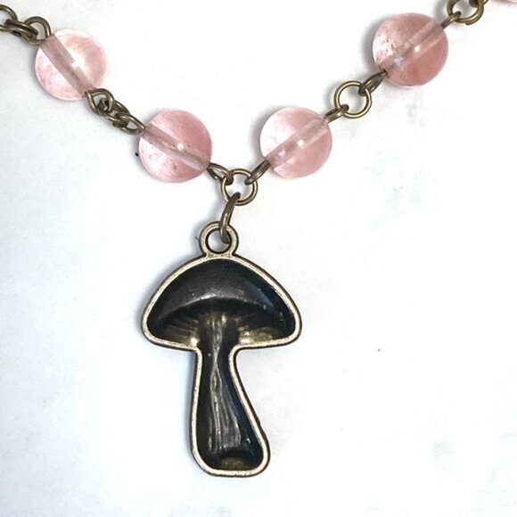 Cute Cherry Quartz Bronze Slim Mushroom Pendant Adjustable Choker - Picture 5 of 16